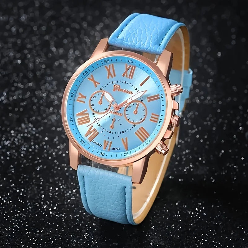 Fashion quartz watch and jewelry set, shock resistant circular analog digital display, PU leather strap, zinc alloy case Qme