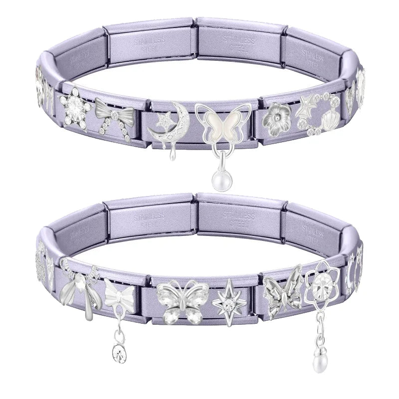 White Zircon Butterfly Stars Moon Bow Flowers Italian Charm Links Fit 9mm Stainless Steel Bracelet Women Jewelry DIY Making Gift Qme