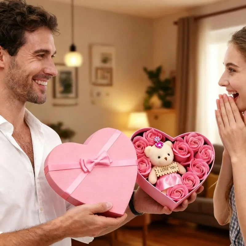 Valentine's Day 10 Floral Rose Artificial Flowers 1 Bear Box Qme