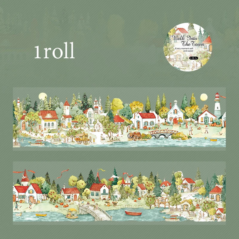 Watercolor Fairy Tale Town Washi Tape, Healing & Relaxing Creative Material, Ideal for Journal Scenery, Collage Qme A