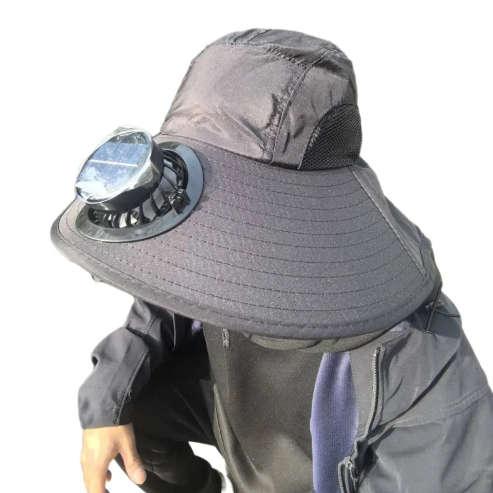 Breathable Solar Fan Hat Strong Wind Wide Brim Sun Hat with Fan with Shawl UV Protection Summer Fan Visor Cap Hot Weather Qme Black Round
