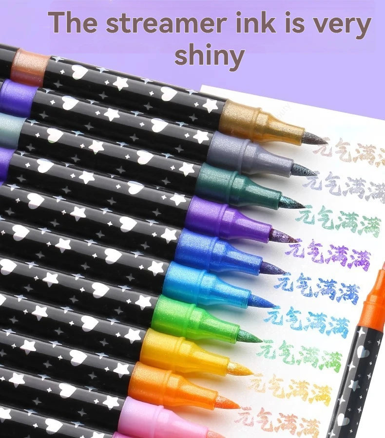 Glitter Double Tips Markers Pens, Shimmer Markers Glitter Writing Drawing Pens for Christmas Card Birthday Greeting DIY Art Qme
