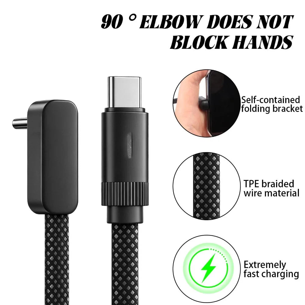 100W 90°Single-Bend Dual Type-C Fast-Charging Data Line PD Braided Nylon Cable With Flat Design For Samsung S23 Huawei Realme Qme