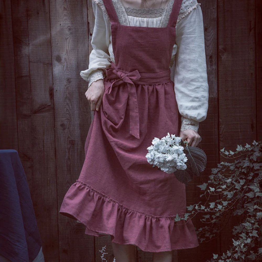 French Pastoral Florist Artsy Cotton Linen Vintage Apron Kitchen Baked Nordic Solid Color Ruffled Apron Home Qme fuchsia
