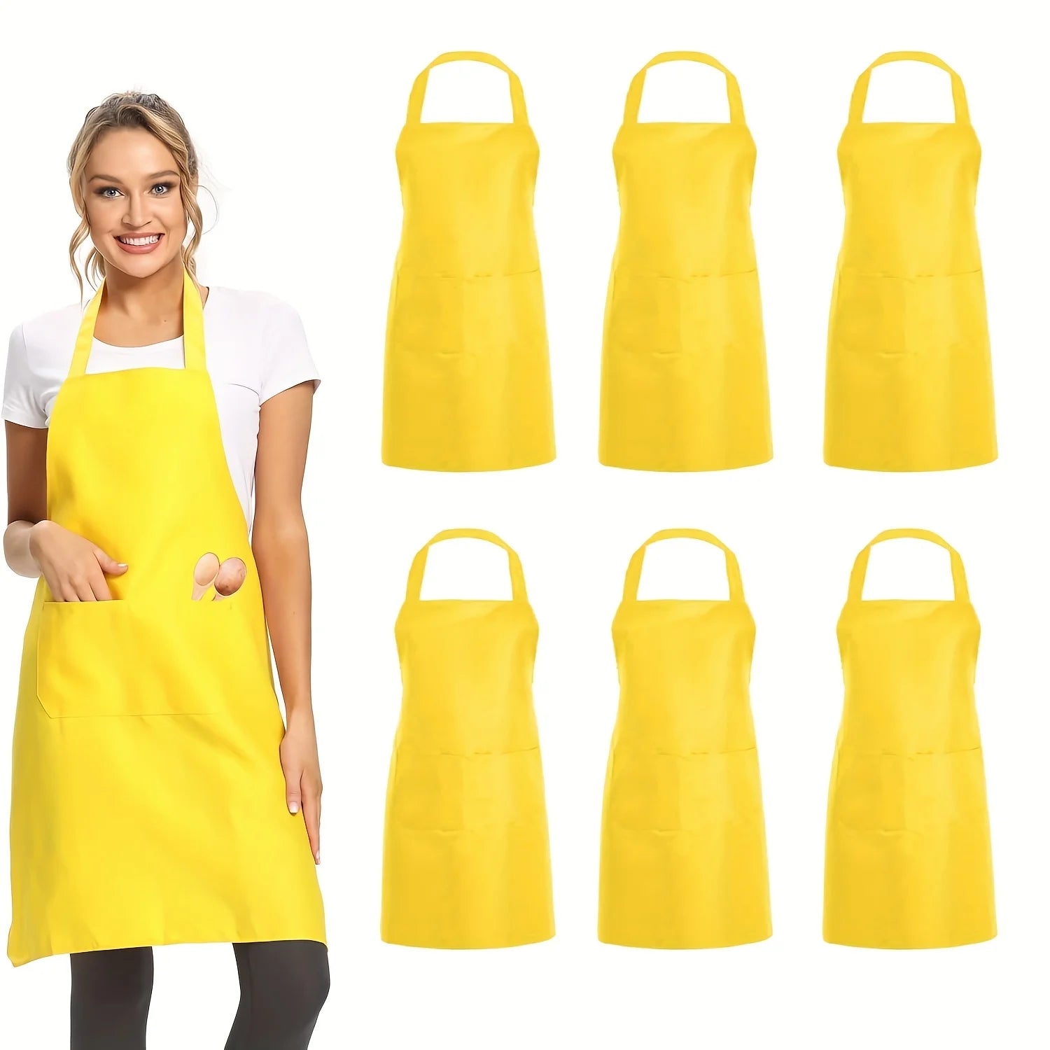 4pcs Adjustable Canvas Aprons with Pockets Comfort Fit for Cooking Chefs Waiters BBQs Hairdressers Easy Clean Qme Yellow 6pcs OneSize