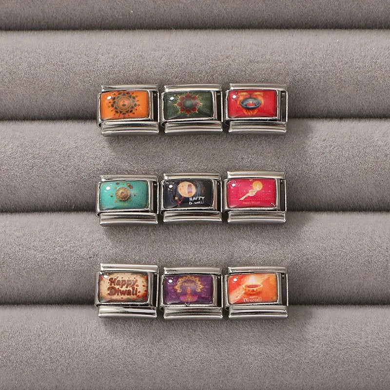 Happy Diwali Light up the Lights Italian Charm Links Fit 9mm Stainless Steel Men Women Y2K Bracelet DIY Making Jewelry Gifts Qme