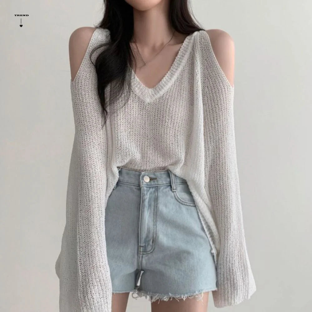 Chic Hollow Out Knit Long T-shirt Sleeve Pullover Crochet Knitwear Qme