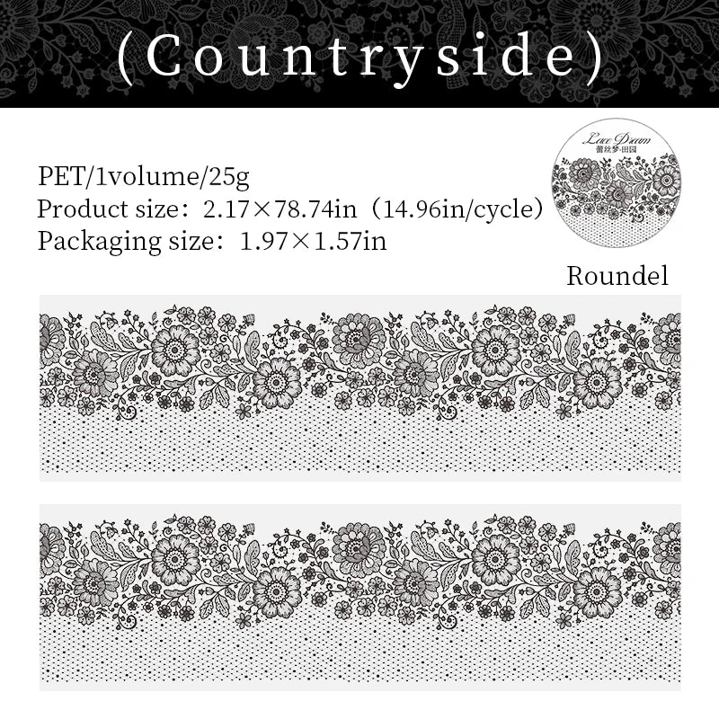 55mm*2m Black White Lace PET Tapes DIY Scrapbooking Junk Journal Aesthetics Decor Diary Collage Masking Tape Stationery Supplies Qme D
