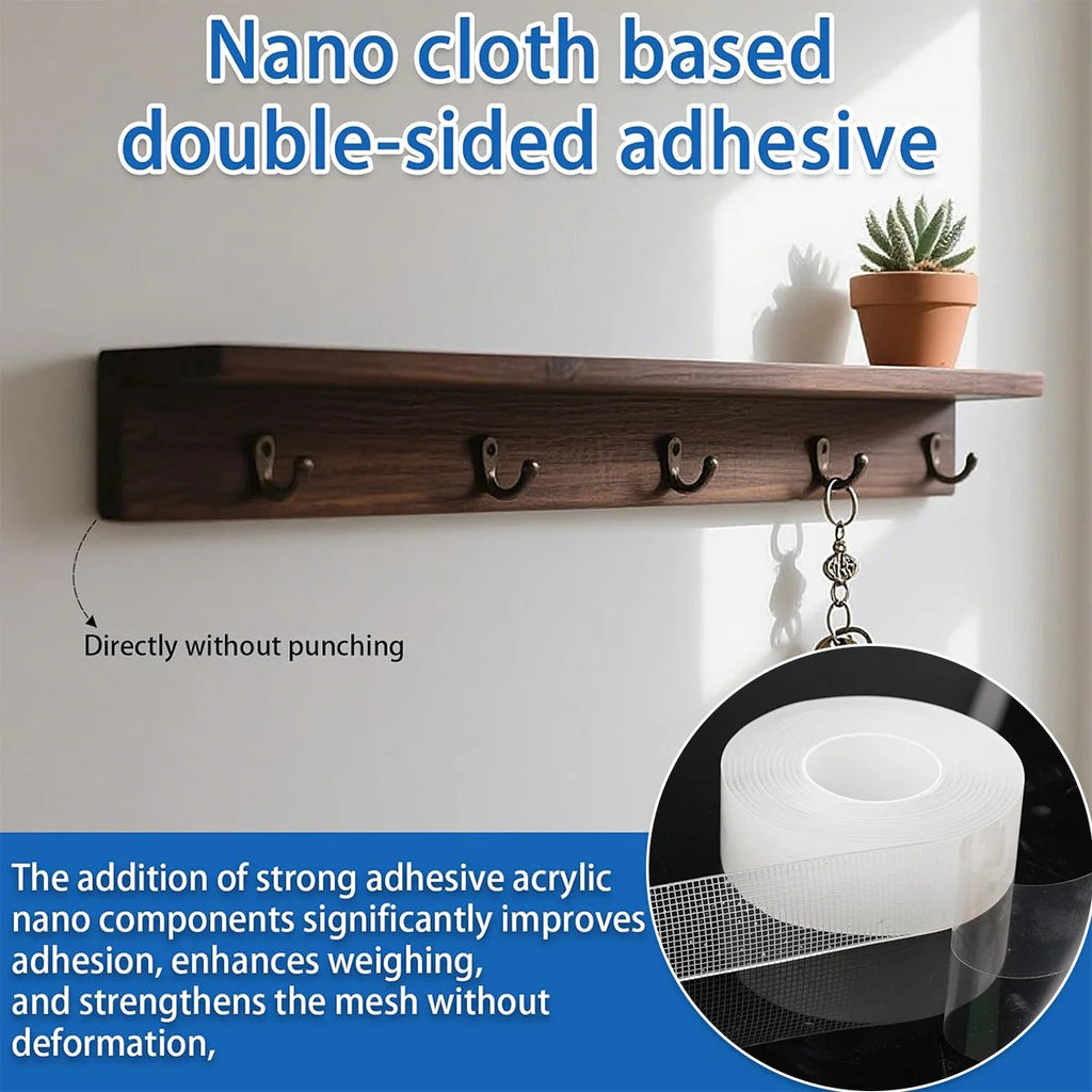 5m Nano Double-Sided Adhesive Tape - Ultra-Strong adhesion， Clear, Removable & Waterproof - Heavy-Duty, Extra Sticky Strip for E Qme