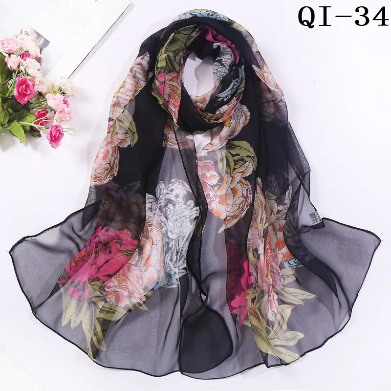 Painting Lotus Beach Sun Protection Chiffon Georgette Scarf Women Foulard Scarf Shawls Female Long Wraps Beach Sunscreen Hijab Qme QI-34
