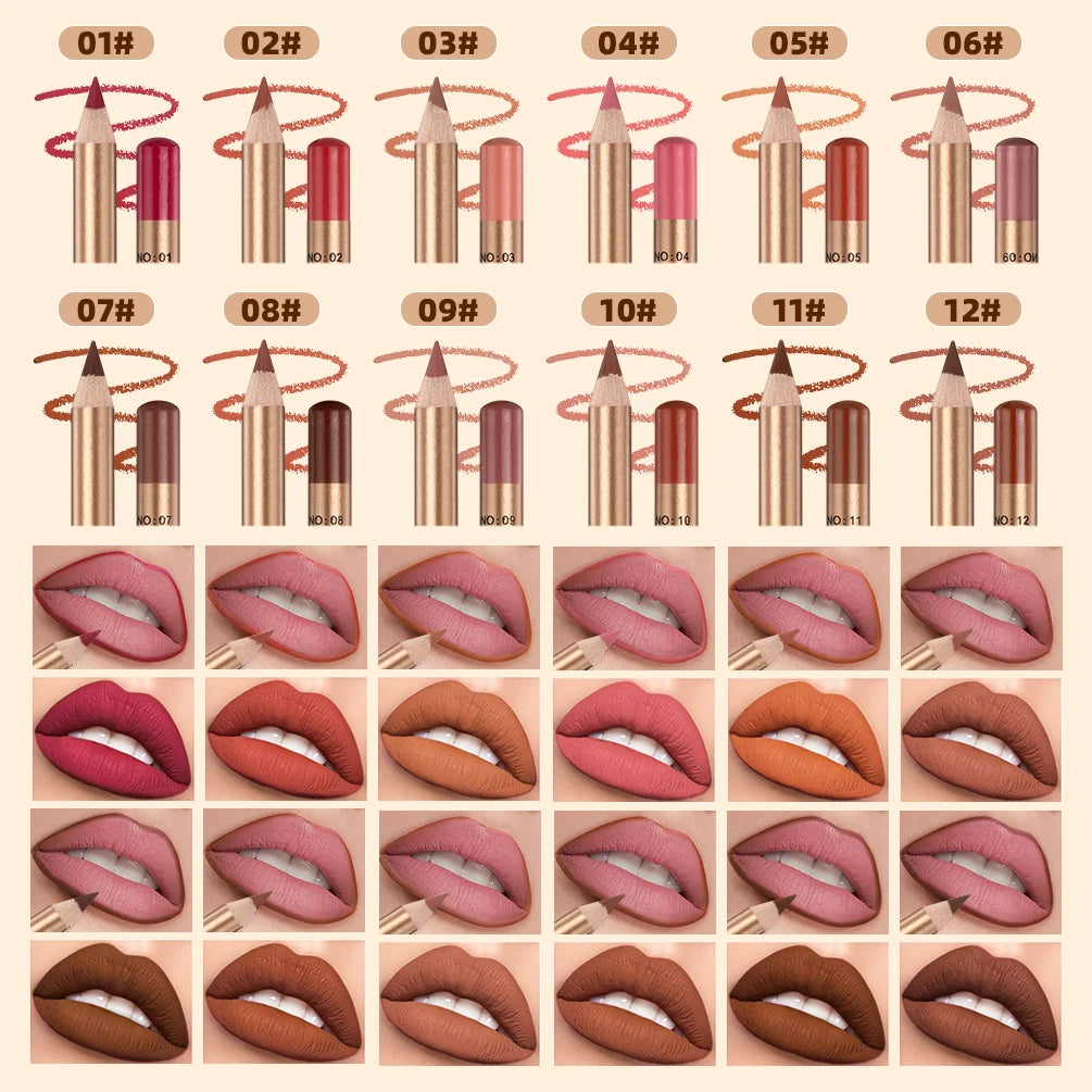 QIBEST Lip Liner Pencil Set 12 Colors Matte Lipstick Pencil Waterproof Non-Stick Lip Tint Long Lasting Lipliner Makeup For Women Qme