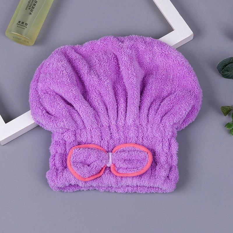 Microfibre Quick Hair Drying Bath Spa Bowknot Wrap Towel Hat Cap Qme Purple