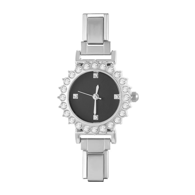 Fashion Women's Stainless Steel Round Shiny Zircon Watch DIY 9mm Width Bracelet Head For Party Friend Birthday DIY Jewelry Gift Qme S 31