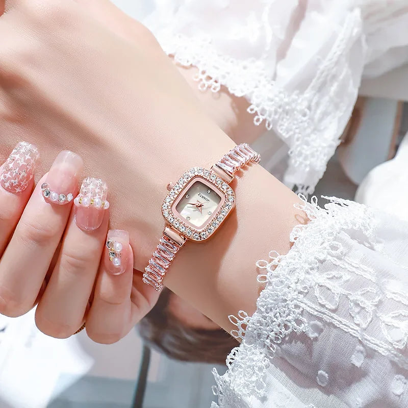 6 pieces/set of fashionable crystal watches for women with small square dials, quartz watches for women, jewelry set for women Qme