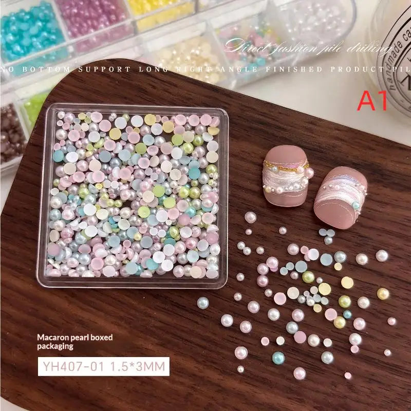 DIY Nail Art 12 Grids Colorful Pearl Half-round Beads Qme A1