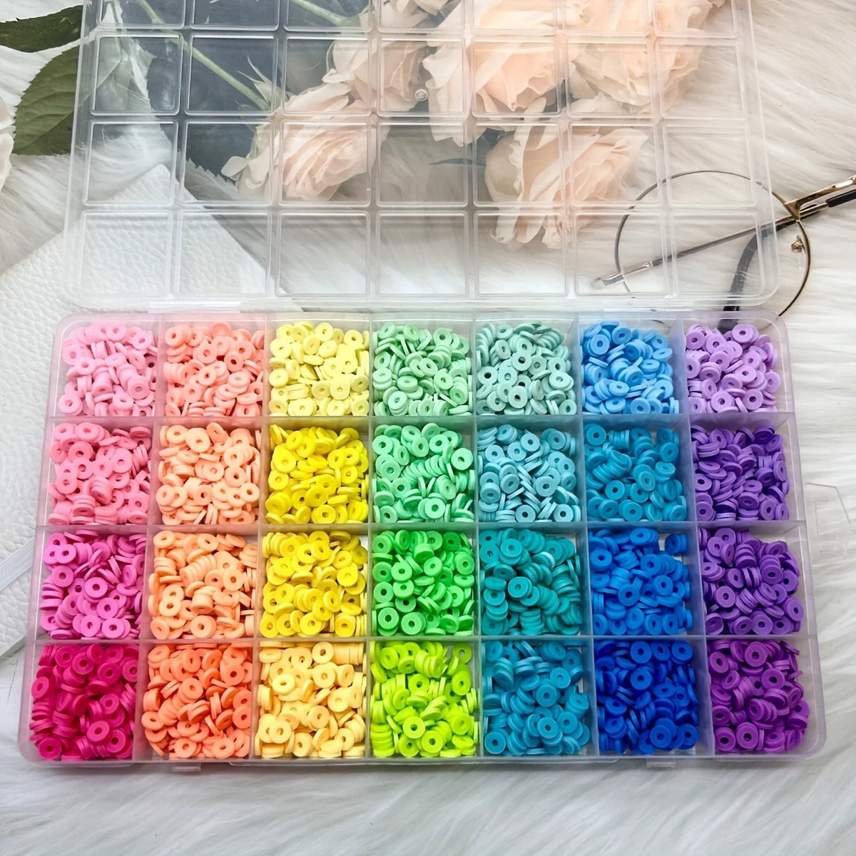 A boxed set of grid beads for making bracelets, DIY rainbow-colored soft clay loose beads, for handmade jewelry making Qme Polychrome