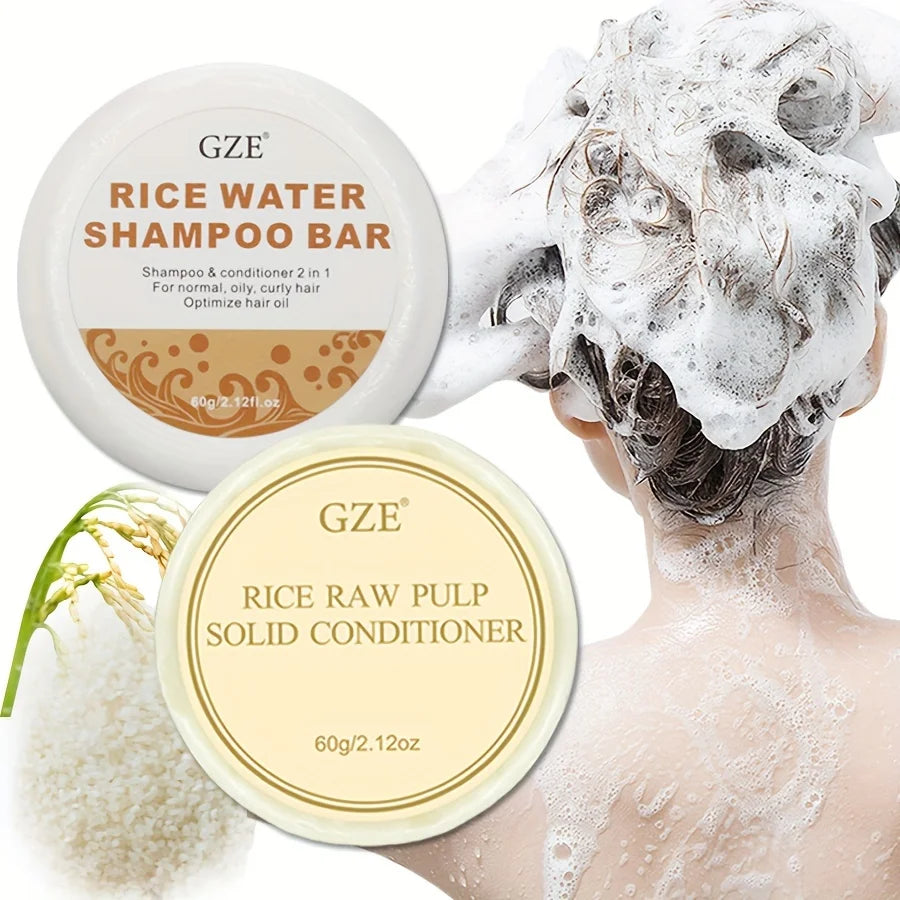GZE Rice Water Shampoo Bar Soap and Rice Raw Pulp Solid Conditioner For Hair Strengthening, Helps Dry Hair Moisturizing Qme