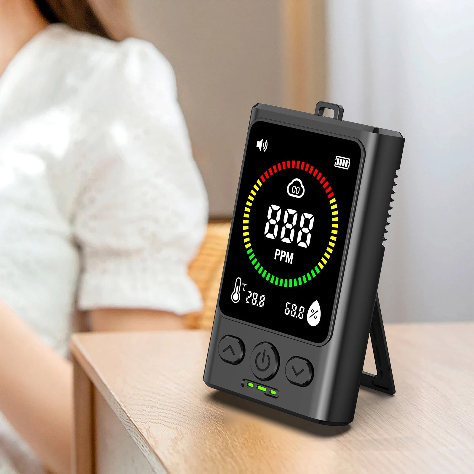3-in-1 Carbon Monoxide Detector Rechargeable CO Detector with LCD Display Temp Humidity Monitor for Home Hotel RV Qme