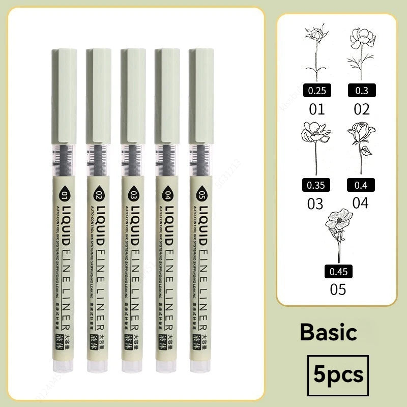 12 Tibs Black Pen Fine Line Sketching Marker Different Tips Fineliner Drawing Pens Manga Art Marker Calligraphy Set Supplies Qme Basic style 5 pieces
