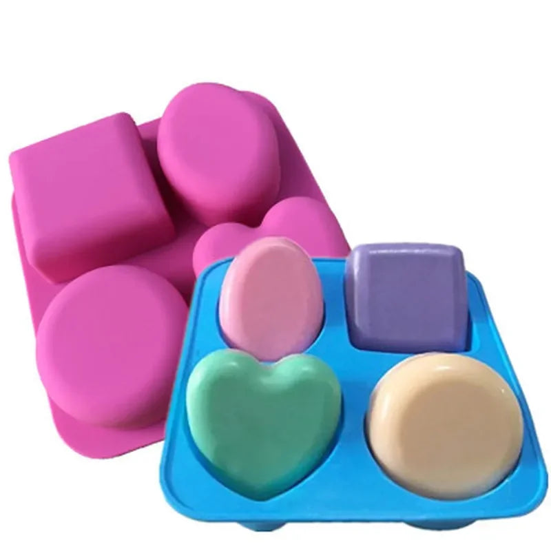 4 Cavity Soap Molds Round Oval Heart Square Shape Handmade Cake Qme
