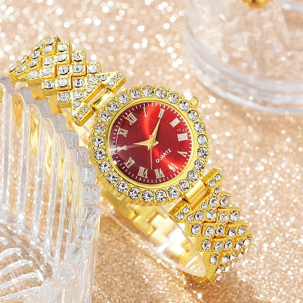 5Pcs Golden Luxury Watch Women Ring Necklace Earring Rhinestone Fashion Wristwatch Red Dial Casual Ladies Watches Jewelry Set Qme