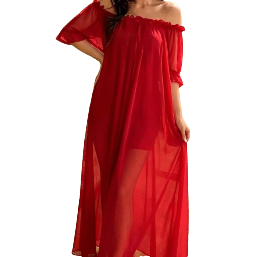 Home Dress Off Shoulder Sheer Nightgown V-neck Ruffle Mesh Nightdress Qme Red XL