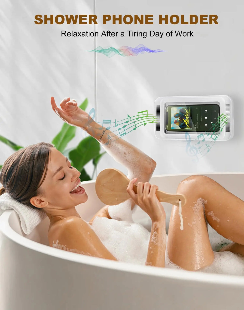 Shower Phone Holder with Speaker 480 Rotation, Wall Phone Mount for Shower Waterproof Anti Fog Shower Case for 4-7" Phones Qme