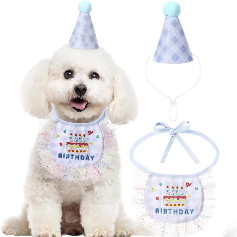 2-piece Pet Birthday Hat Scarf Set - Cute Embroidered Cat Headscarf - Checkered Pattern Lace Scarf Pet Party Supplies Decoration Qme