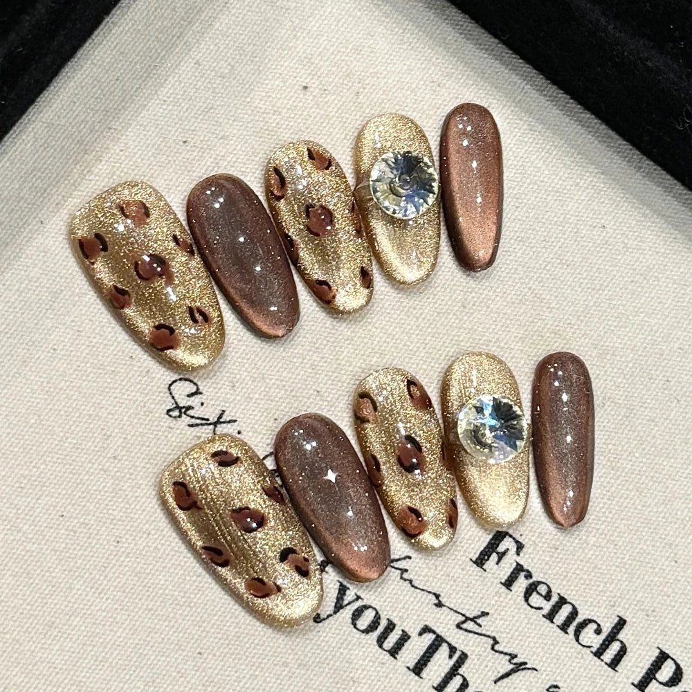 Handmade Press Nails Mid-oval Caramel Cat Eye Shiny Leopard Print Qme
