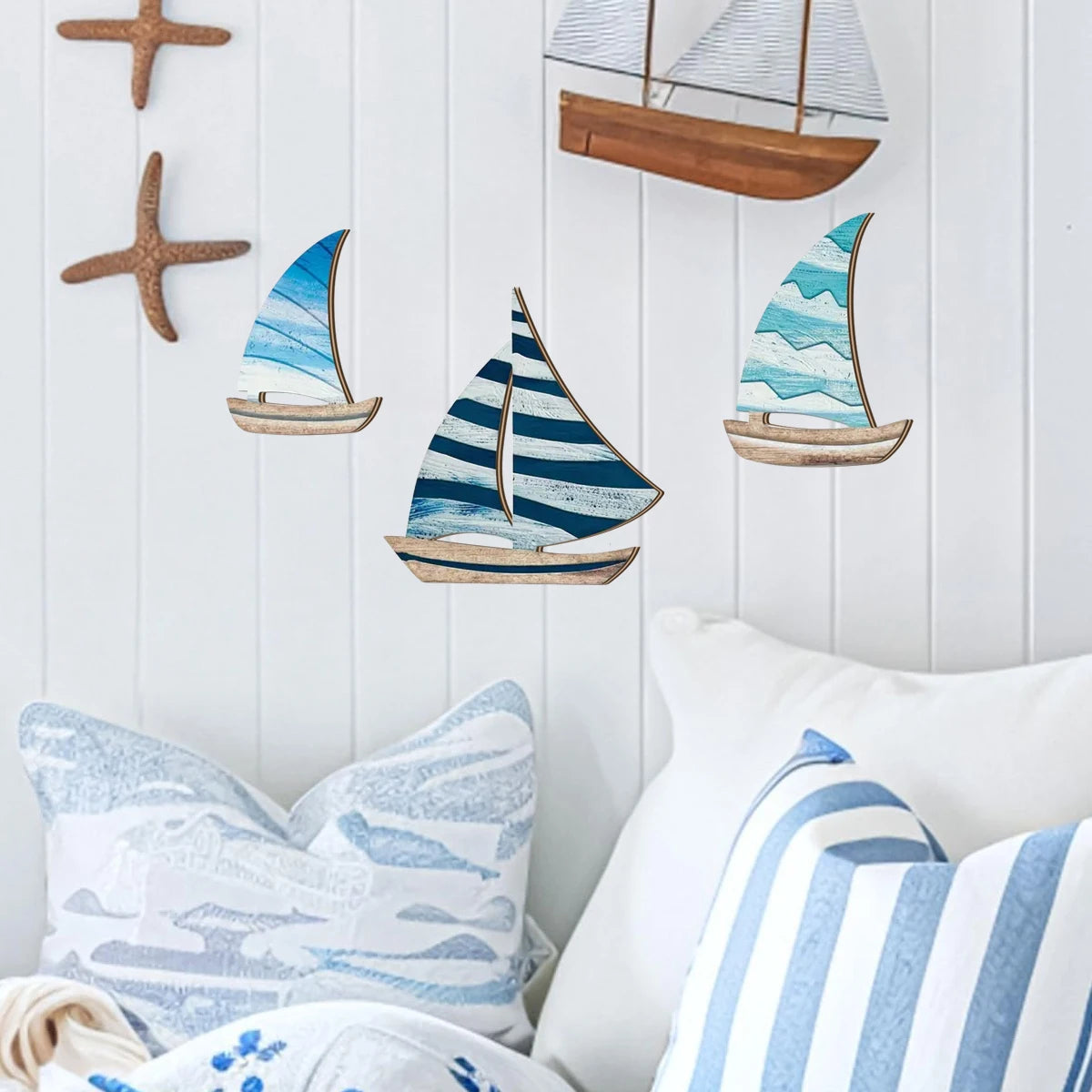 1 set of 2D blue ocean style sailboat wooden wall decoration, Mediterranean style farmhouse wall decoration, home decoration Qme