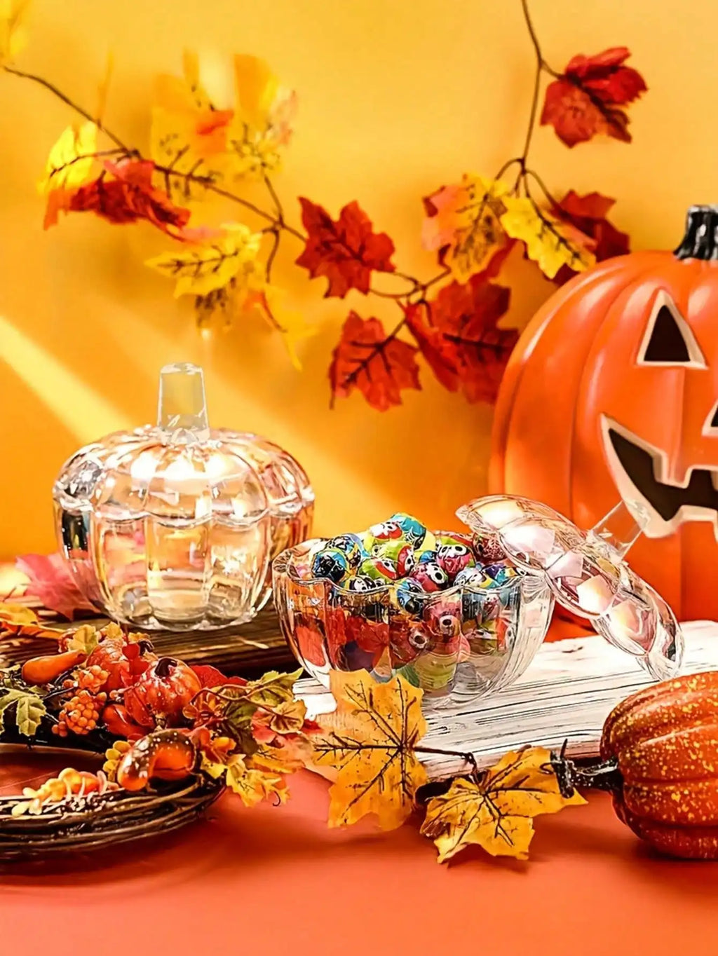 Halloween Pumpkin Candy Jar Lid Transparent Glass Food Container Qme