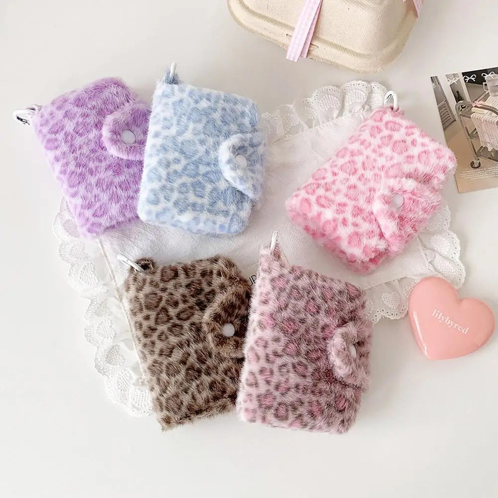 Leopard Print Coin Purse Plush Snap Closure Mini Wallet for Girls Portable ID Card Holder Coin Bag Small Clutch Pocket Wallet Qme