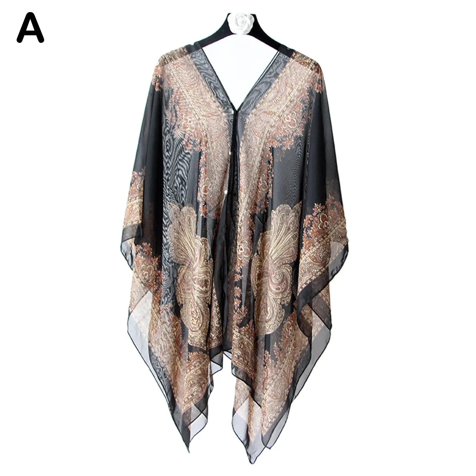 Woman Chiffon Blouse Fashion Women Scarf Shawl Printed Sunscreen Sun Protection Shawl Beach Shawl Soft Loose Bikini Cover Tops Qme black