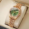 Luxury Women's Crystal Watch, Rose Gold Tone with Green Dial, Everyday Wear Qme Gold Green No Box