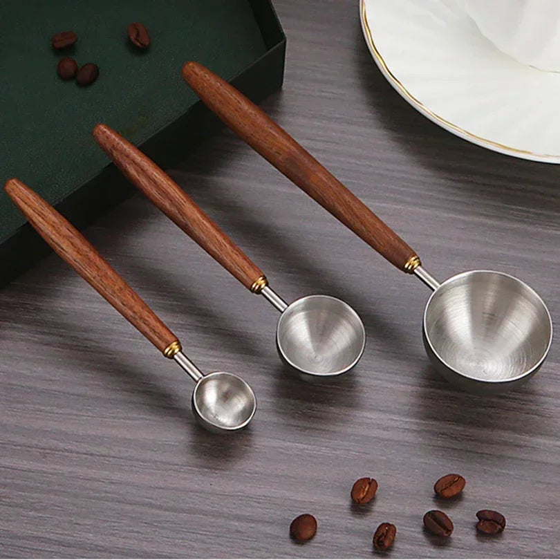 Stainless Steel Coffee Bean Measuring Spoon Wooden Handle Scoop Qme