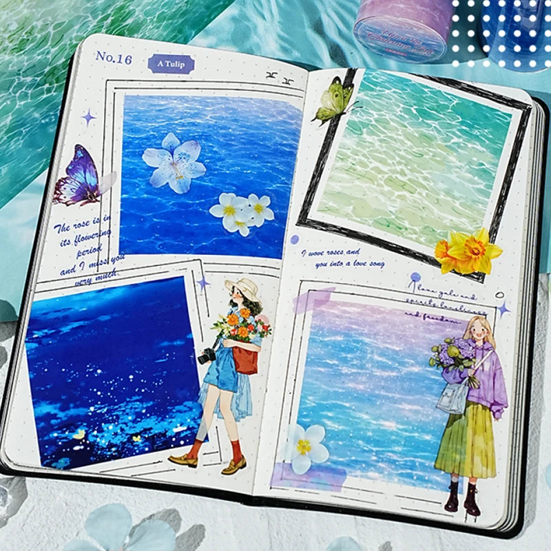 Dreamy Water Wave Base Tape, Summer Ocean Sparkle Long Roll Tape for Junk Journal and Notebook Decoration Qme