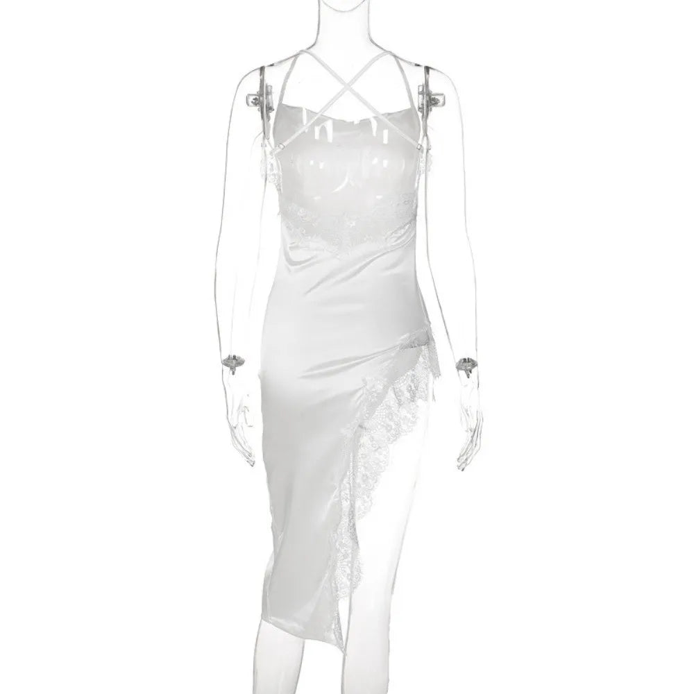 Elegant Split Women Nightgown Beauty-back Spaghetti Strap Lace Pajama Qme