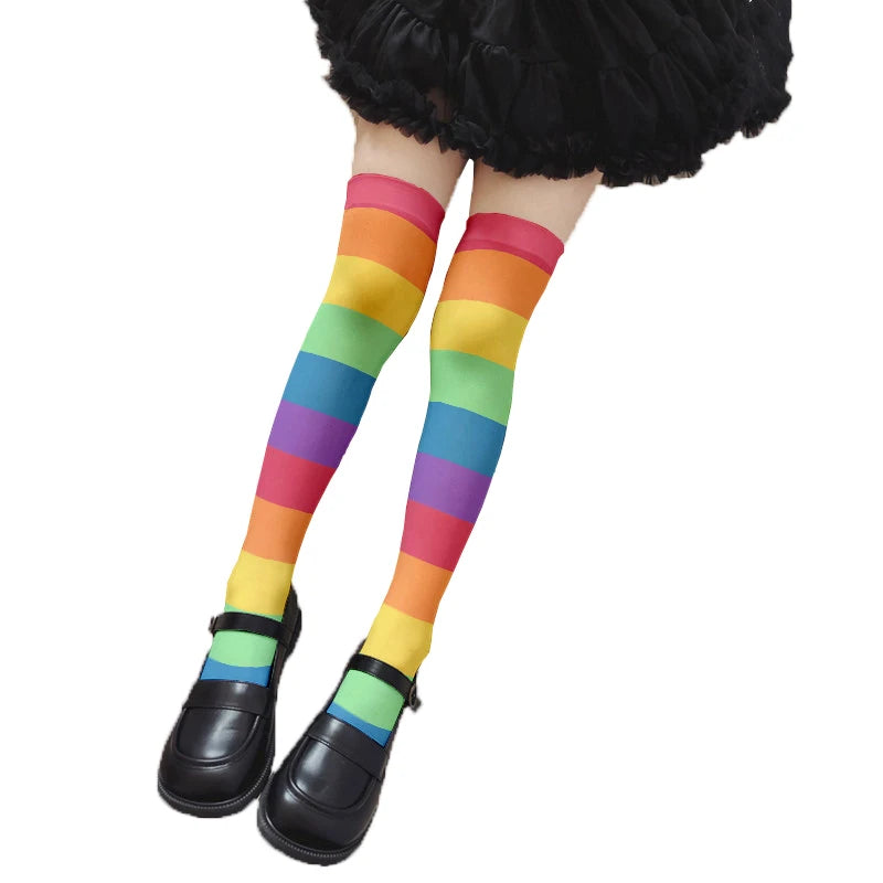 Fun Rainbow Striped Stockings Women's Sexy Fashion Multicolor Thigh Qme style9 One Size