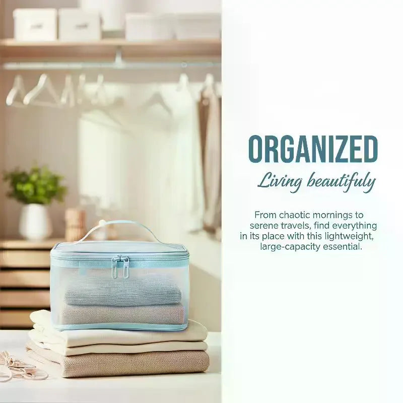 Transparent Mesh Travel Cosmetic Bag | Large Capacity Makeup & Skincare Organizer | Perfect Clear Toiletry Pouch for Vacations Qme