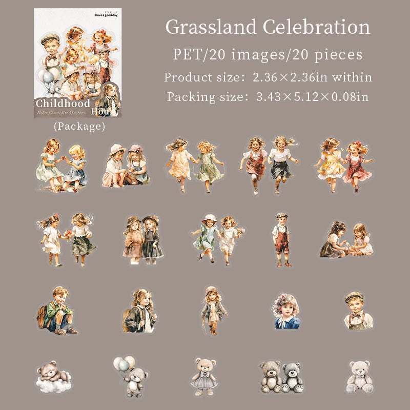 20 Sheets/Bag Childhood Time Retro Theme PET Stickers for Scrapbooking DIY Photo Album Collage Decoration Materials Qme 4