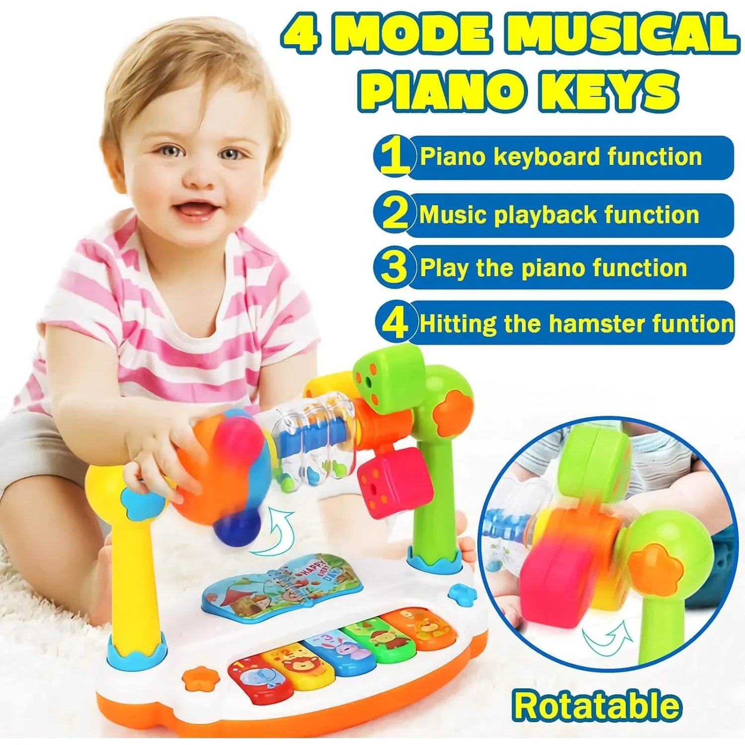 Baby Piano Toys Kids Rotating Music Keyboard Light Sound, Musical Toy for Toddlers,Early Educational Music Toy Gift Random Color Qme