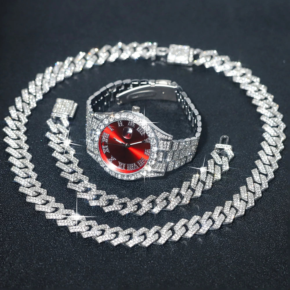 3pcs Men's Silver Watch Set Hip-hop Punk Inlay Diamond Watch+Cuban Chain+Bracelet Comes With Strap Adjuster Stylish Jewelry Gift Qme Red