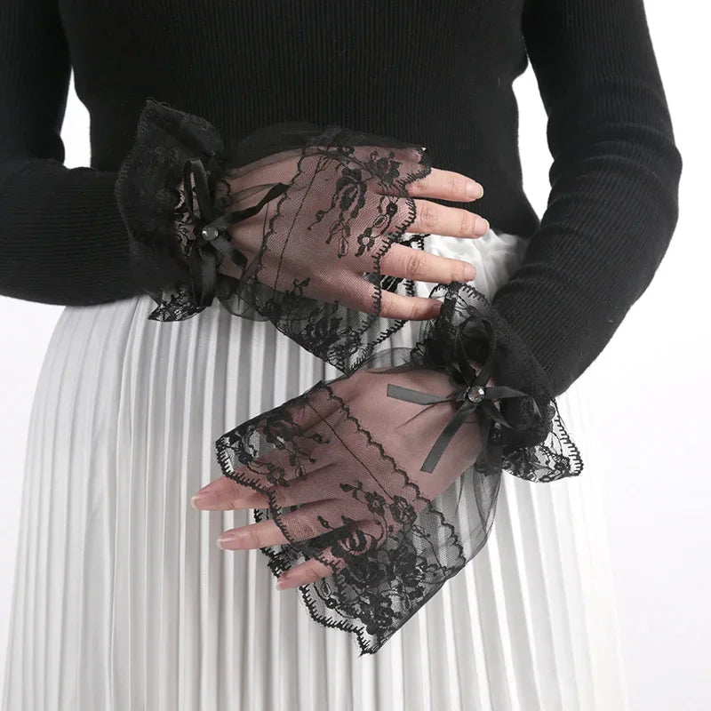 Women Gothic Lace Mesh Stretch Horn Cuffs Gloves Ruffled Detachable Fake Sleeves Wedding Party Sunshade Decorative Wrist Warmer Qme