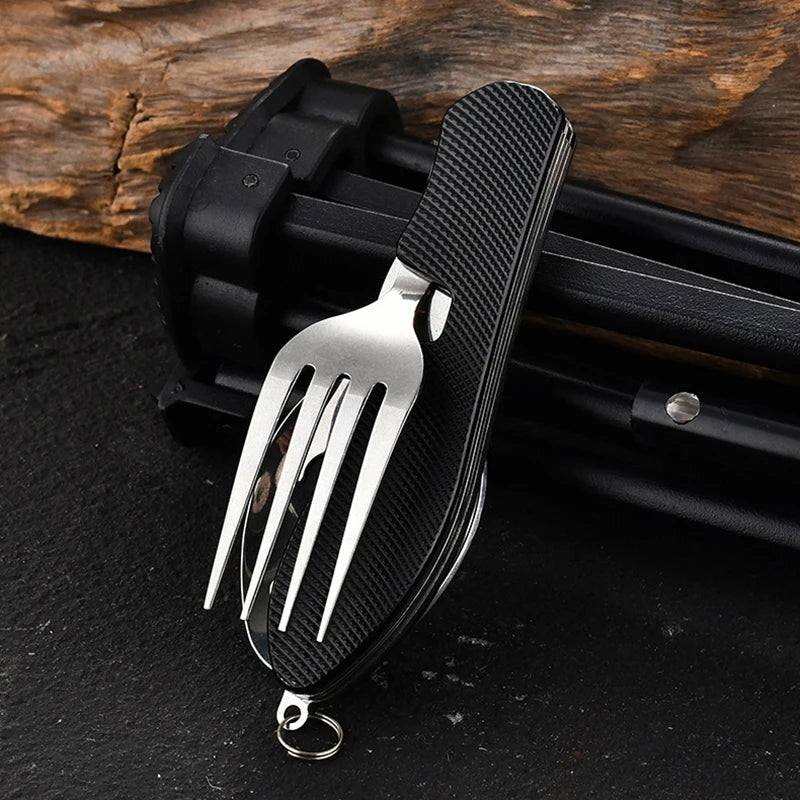 1 Tableware Foldable Stainless Steel Fork Spoon Knife Bottle Opener Qme