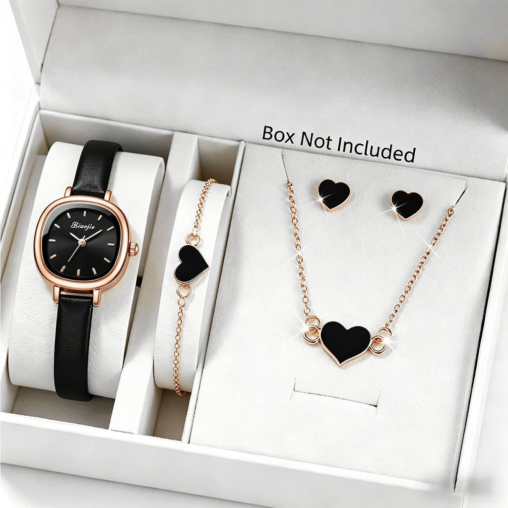 4-in-1 Elegant Jewelry Set for Women, Rose Gold Black Dial Watch + Black Heart Bracelet + Necklace + Earrings, Rose Gold Tone Qme Black No Box