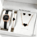 4-in-1 Elegant Jewelry Set for Women, Rose Gold Black Dial Watch + Black Heart Bracelet + Necklace + Earrings, Rose Gold Tone Qme Black No Box