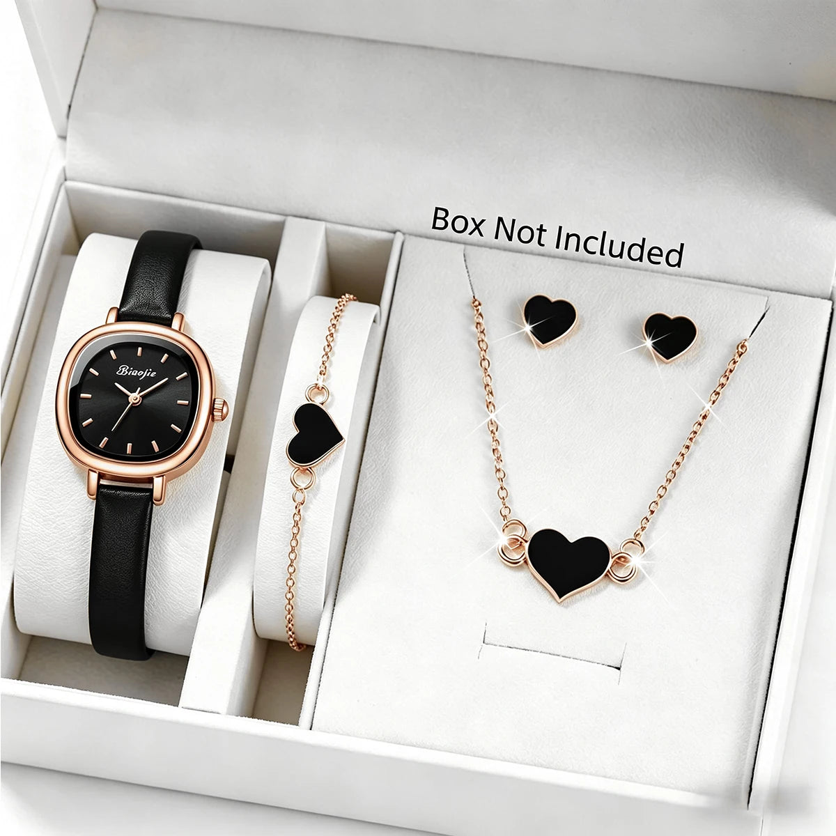 4-in-1 Elegant Jewelry Set for Women, Rose Gold Black Dial Watch + Black Heart Bracelet + Necklace + Earrings, Rose Gold Tone Qme Black No Box
