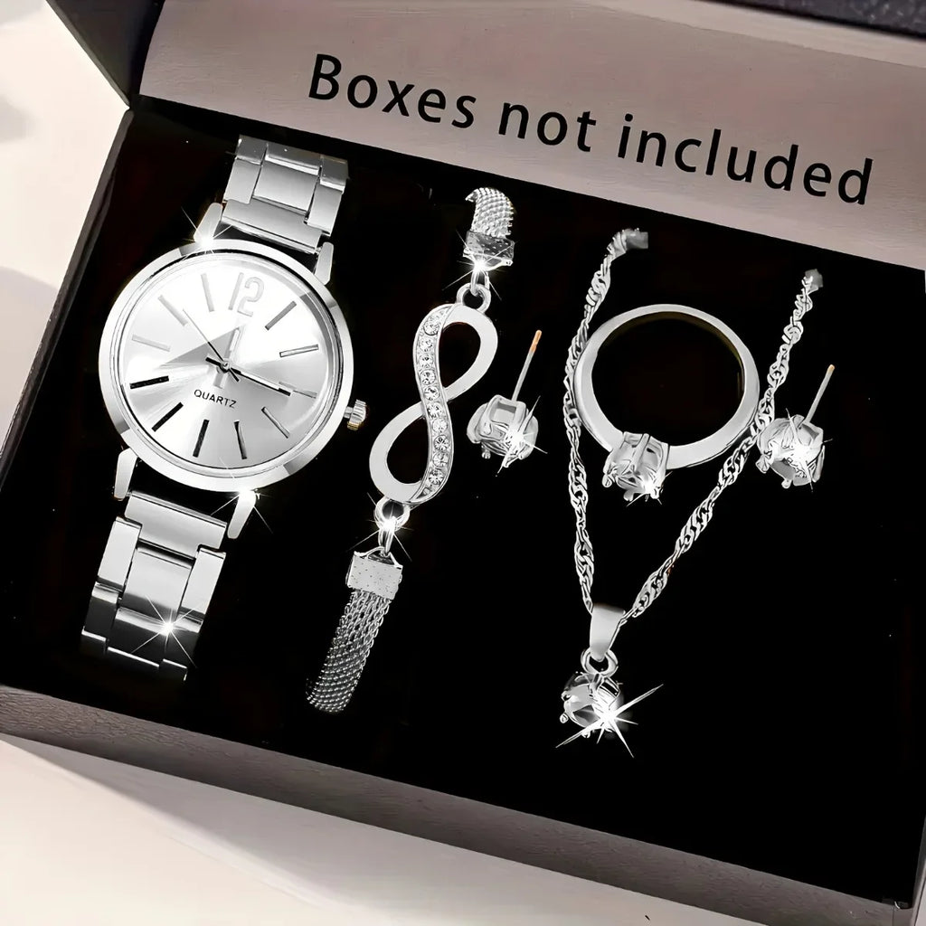 2026 6pcs/set Elegant Women Quartz Watch Fashion Simple Dial Ladies Wristwatch Rhinestone Jewelry Set Reloj Mujer（Without Box） Qme