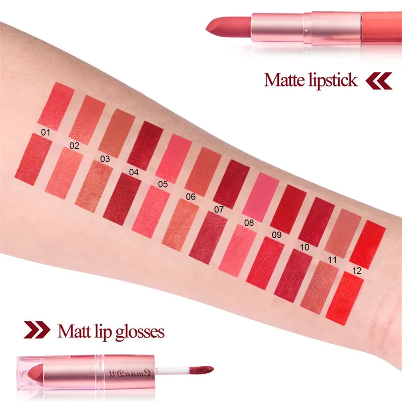2 In 1 Double-ended Lipstick Lip Liner Pen Matte Pigment Non-stick Cup Skin Color 24H Lasting Waterproof Makeup Beauty Cosmetics Qme