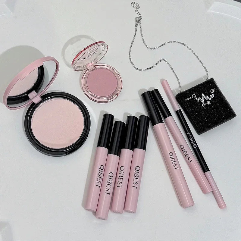 Multipurpose Makeup Set 4PC Liquid Lipstick,1 Pressed Powder,1 Face Blush,1 Eyeliner,1 Mascara,1 Eyebrow Pencil Korean Cosmetics Qme